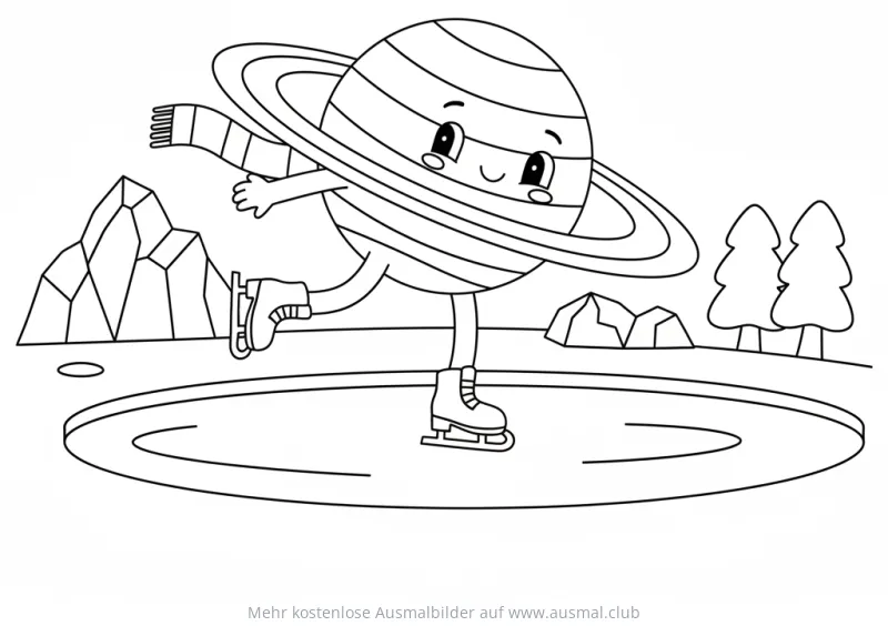 Saturn mit Schal beim Eislaufen Ausmalbild
