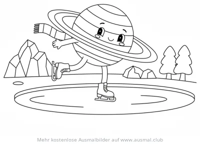 Saturn mit Schal beim Eislaufen Ausmalbild
