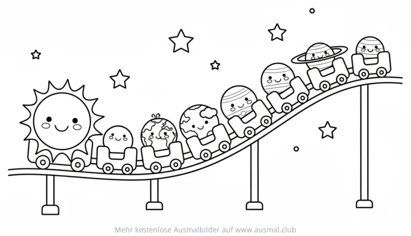Planeten in Achterbahn mit Sonne Ausmalbild