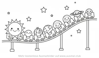 Planeten in Achterbahn mit Sonne Ausmalbild