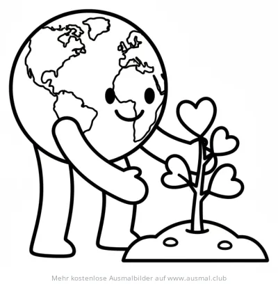 Freundliche Erde pflanzt Baum mit Herz-Blättern Ausmalbild
