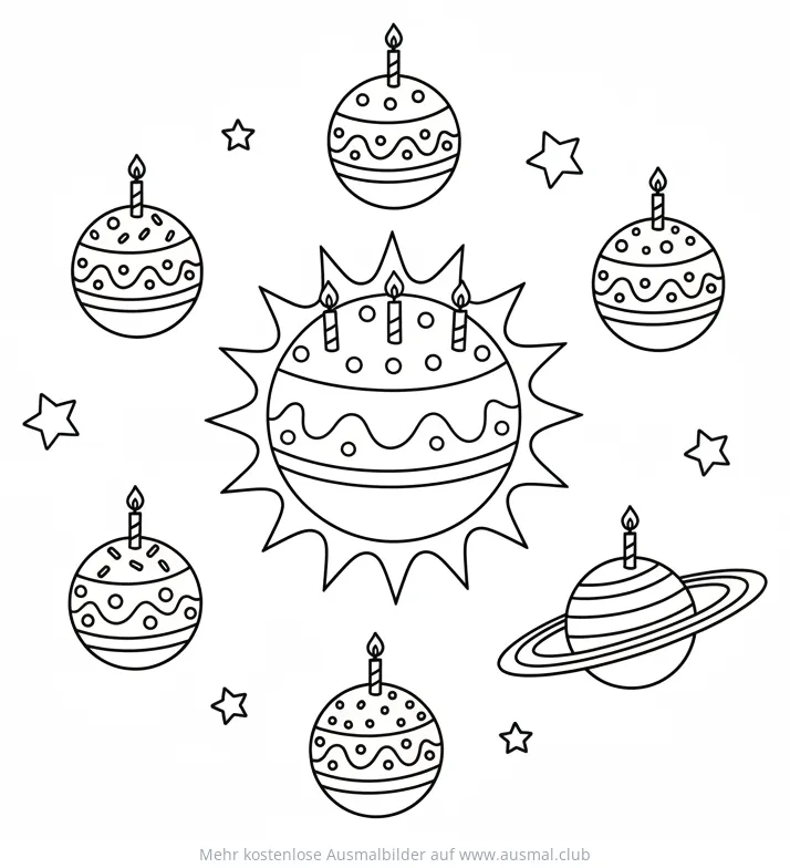 Planeten als Kuchen mit Kerzen Ausmalbild