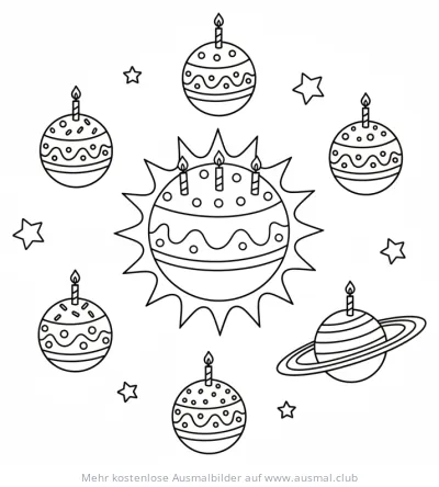 Planeten als Kuchen mit Kerzen Ausmalbild