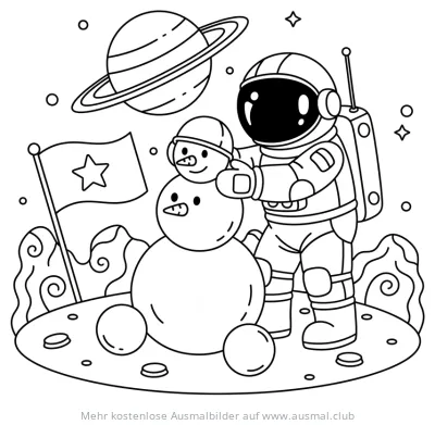 Astronaut baut Schneemann auf einem Planeten Ausmalbild