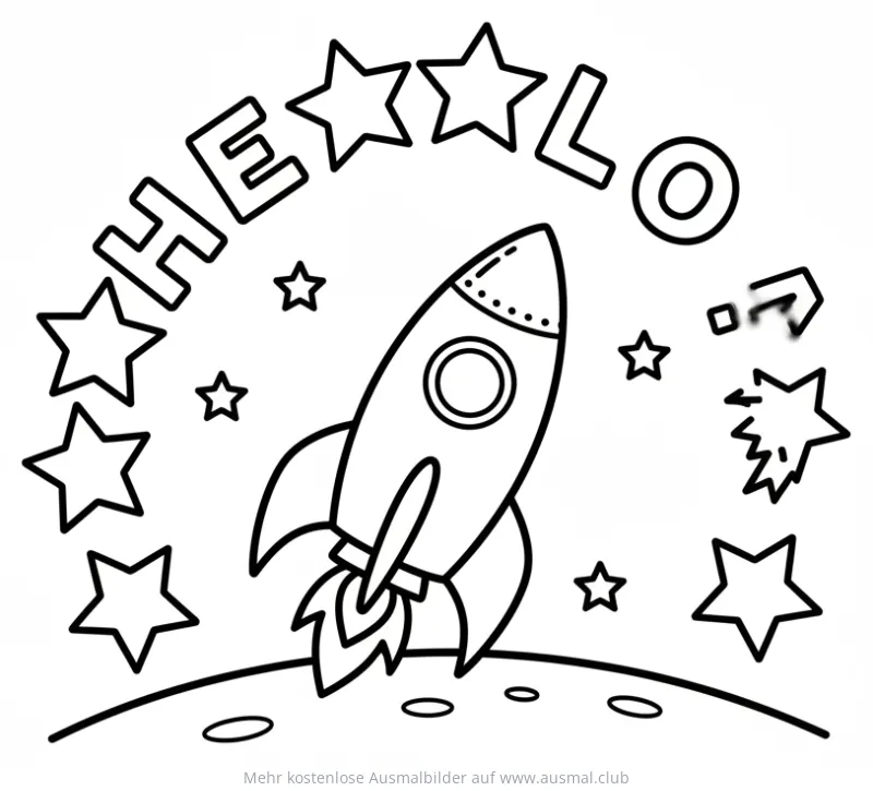 Rakete landet auf Planet mit Sternen und Schriftzug 'HELLO' Ausmalbild