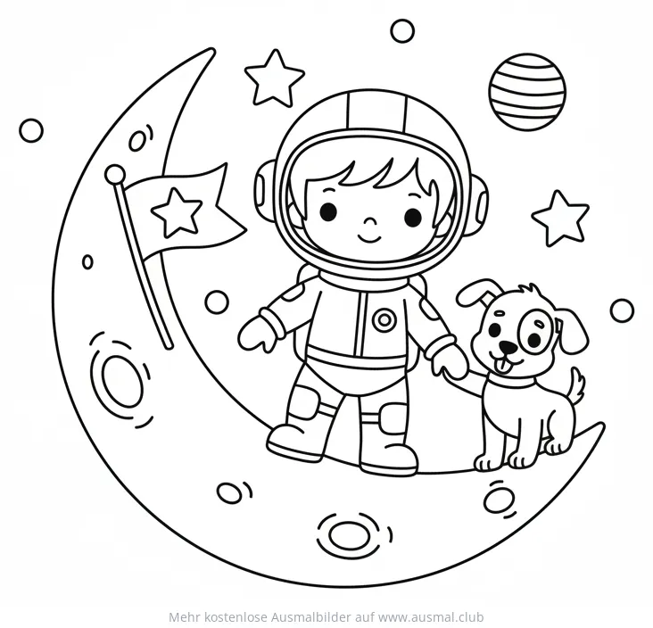 Astronaut mit Welpe auf dem Mond Ausmalbild