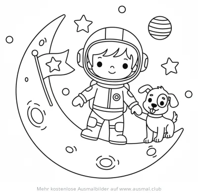 Astronaut mit Welpe auf dem Mond Ausmalbild