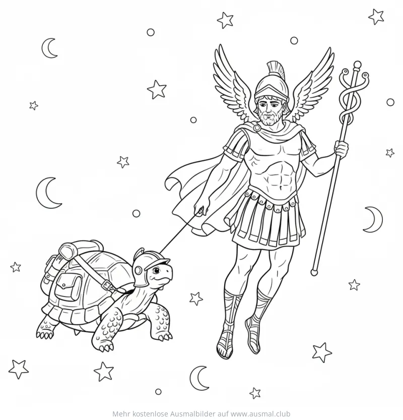 Merkur mit Schildkröte Ausmalbild in den Sternen