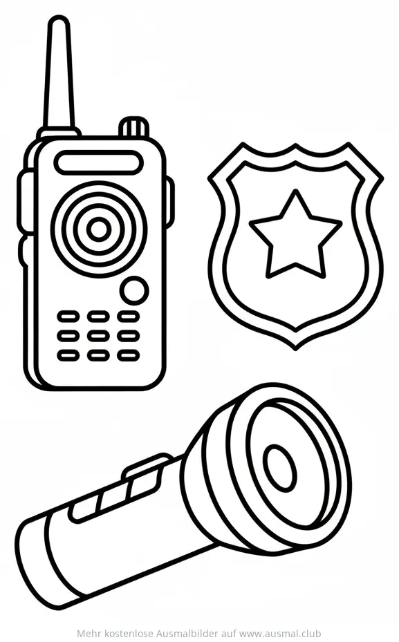 Polizei Ausrüstung: Funkgerät, Abzeichen, Taschenlampe Ausmalbild