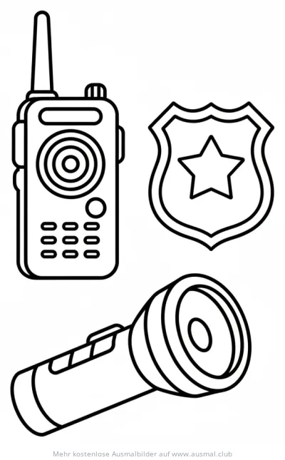 Polizei Ausrüstung: Funkgerät, Abzeichen, Taschenlampe Ausmalbild