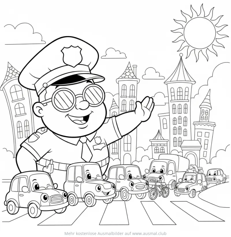 Freundlicher Polizist regelt Verkehr mit Autos Ausmalbild