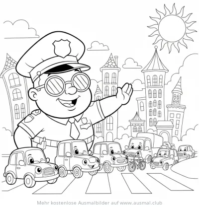 Freundlicher Polizist regelt Verkehr mit Autos Ausmalbild
