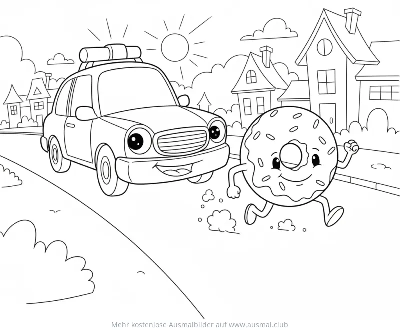 Freundliches Polizeiauto verfolgt laufenden Donut Ausmalbild