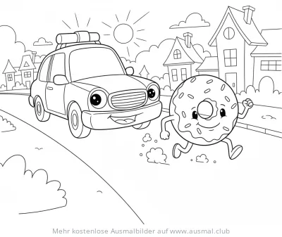 Freundliches Polizeiauto verfolgt laufenden Donut Ausmalbild