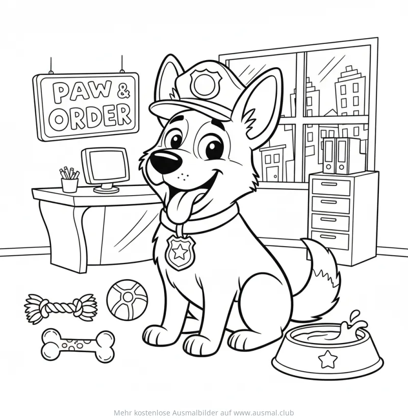 Polizeihund mit Mütze im Büro Ausmalbild