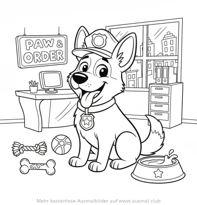 Polizeihund mit Mütze im Büro Ausmalbild