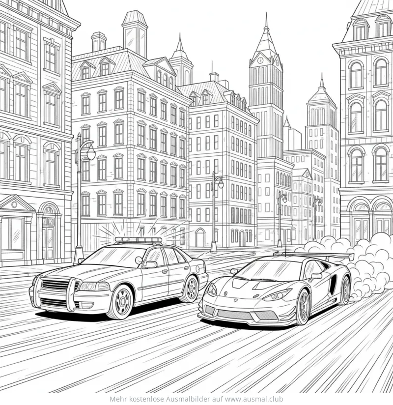 Polizeiauto verfolgt Sportwagen Ausmalbild in Stadtkulisse