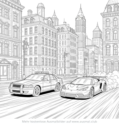 Polizeiauto verfolgt Sportwagen Ausmalbild in Stadtkulisse