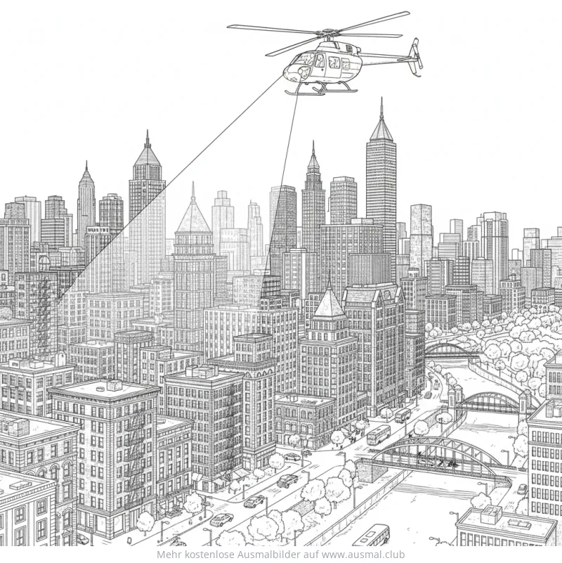 Polizei Hubschrauber über Stadt Ausmalbild