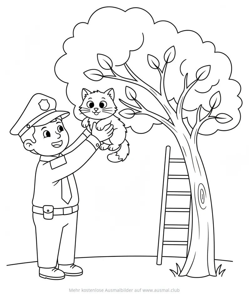Polizist rettet Katze aus Baum Ausmalbild