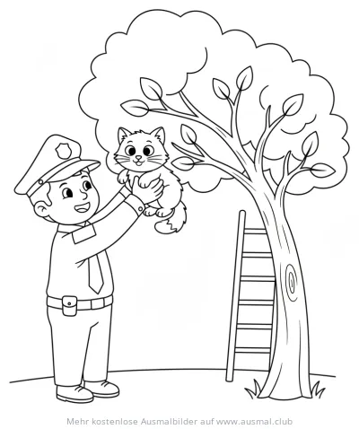 Polizist rettet Katze aus Baum Ausmalbild