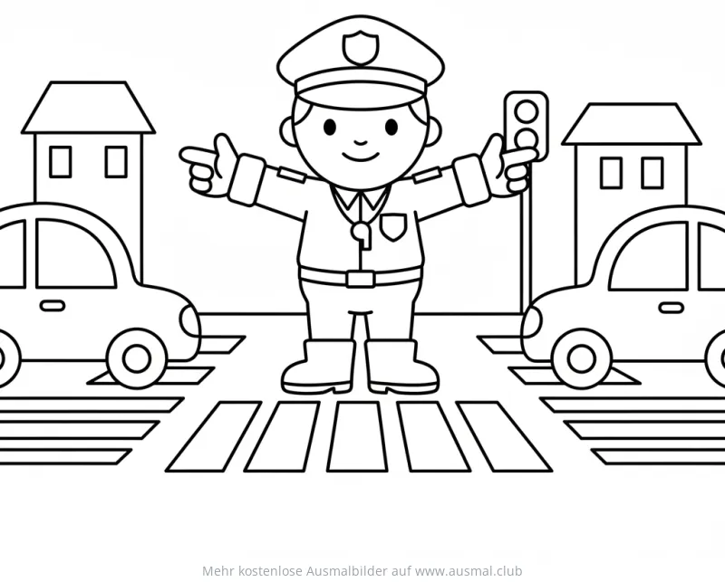 Polizist regelt Verkehr auf Zebrastreifen Ausmalbild