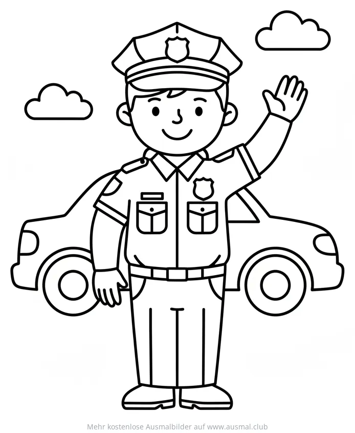 Freundlicher Polizist winkt vor seinem Polizeiauto Ausmalbild