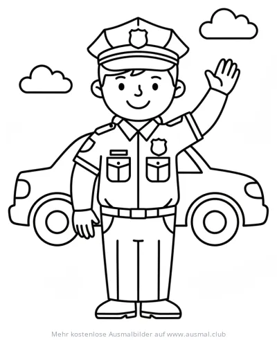 Freundlicher Polizist winkt vor seinem Polizeiauto Ausmalbild