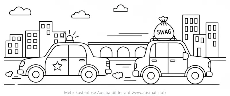 Polizei Verfolgungsjagd mit Dieb und "SWAG"-Sack Ausmalbild