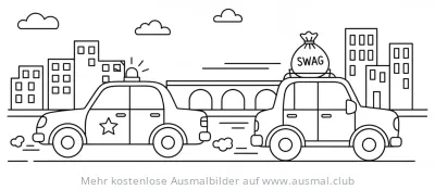 Polizei Verfolgungsjagd mit Dieb und "SWAG"-Sack Ausmalbild