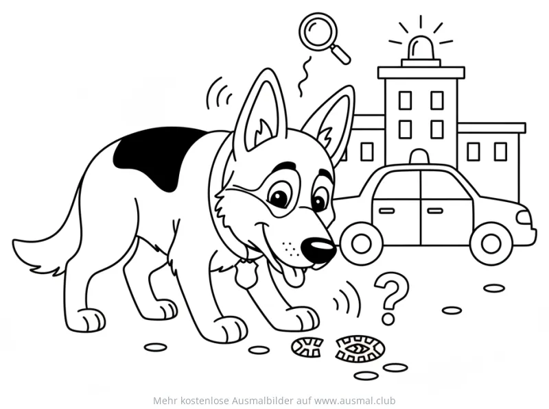 Spürhund verfolgt Fährte vor Polizeirevier Ausmalbild