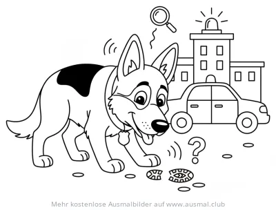 Spürhund verfolgt Fährte vor Polizeirevier Ausmalbild