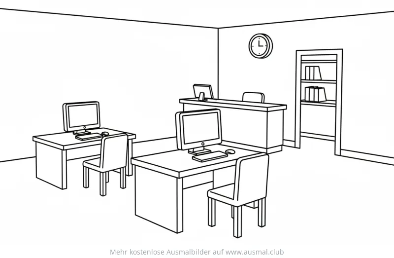 Polizeistation Innenraum Ausmalbild mit Schreibtischen und Computern