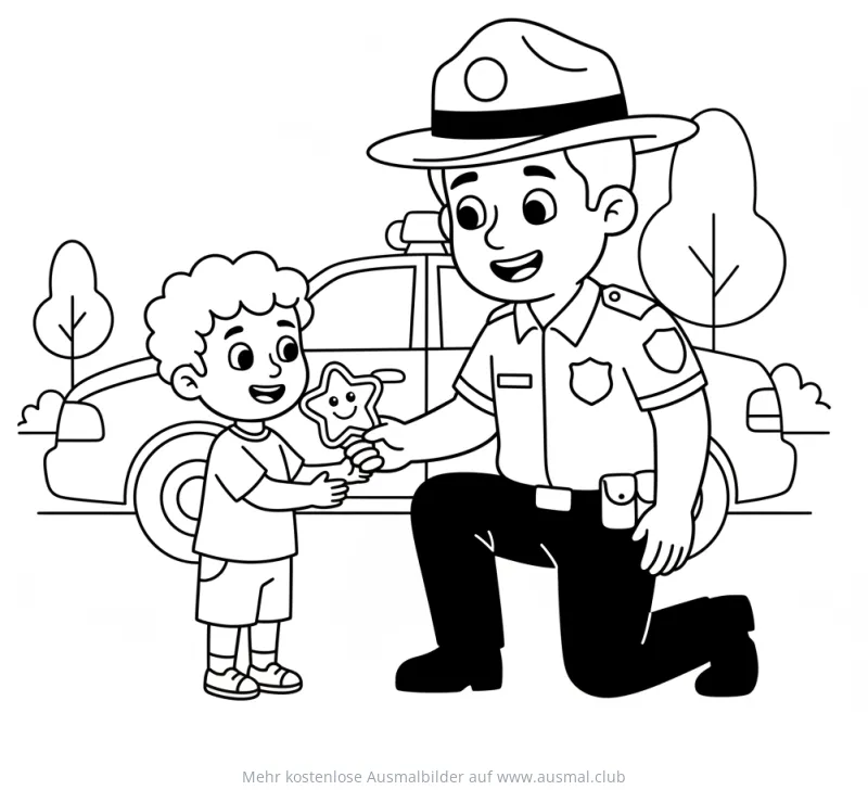 Polizist gibt Junge Stern-Aufkleber Ausmalbild