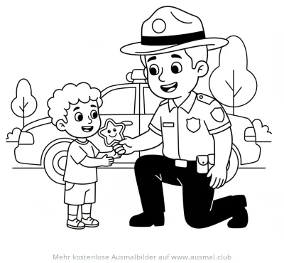Polizist gibt Junge Stern-Aufkleber Ausmalbild