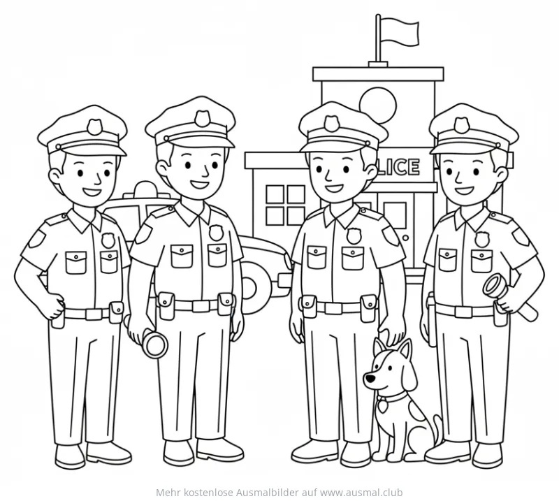 Polizisten Team mit Hund vor Polizeistation Ausmalbild