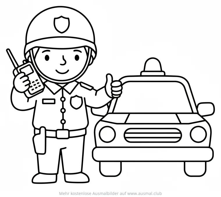 Polizist mit Funkgerät und Polizeiauto Ausmalbild
