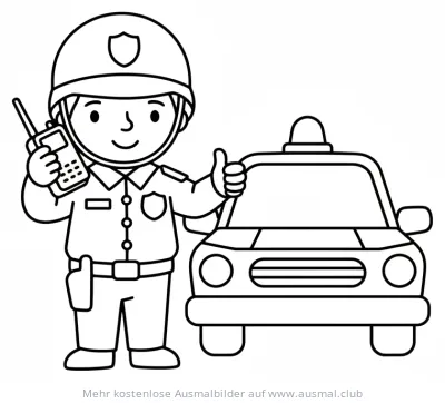 Polizist mit Funkgerät und Polizeiauto Ausmalbild