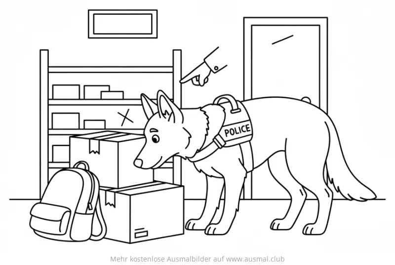 Drogenspürhund der Polizei vor Kisten Ausmalbild