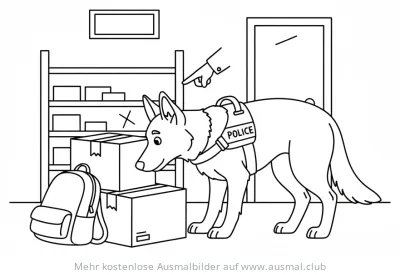 Drogenspürhund der Polizei vor Kisten Ausmalbild
