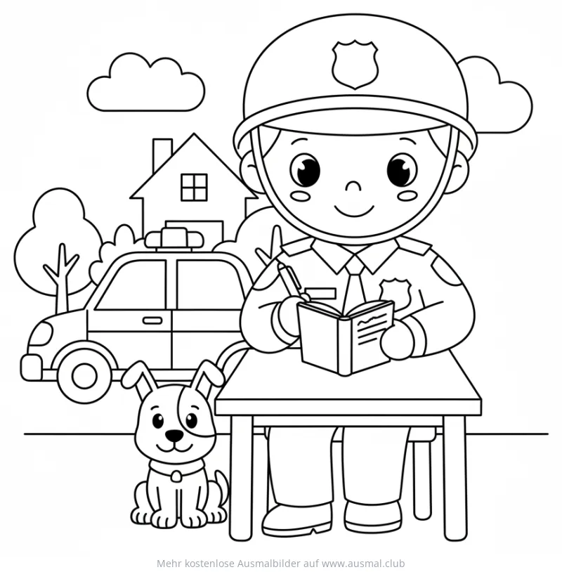 Polizist sitzt am Schreibtisch und schreibt, mit Hund und Polizeiauto Ausmalbild