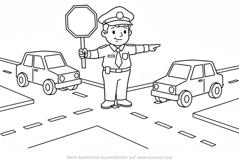 Polizist mit Stoppschild regelt Verkehr Ausmalbild