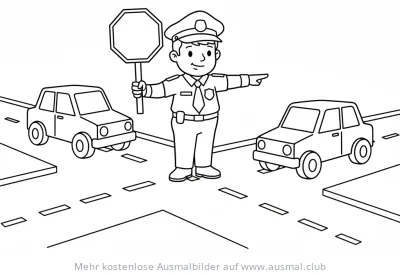 Polizist mit Stoppschild regelt Verkehr Ausmalbild