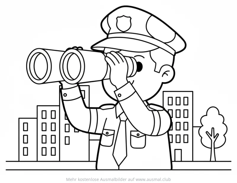 Polizist mit Fernglas beobachtet die Stadt Ausmalbild
