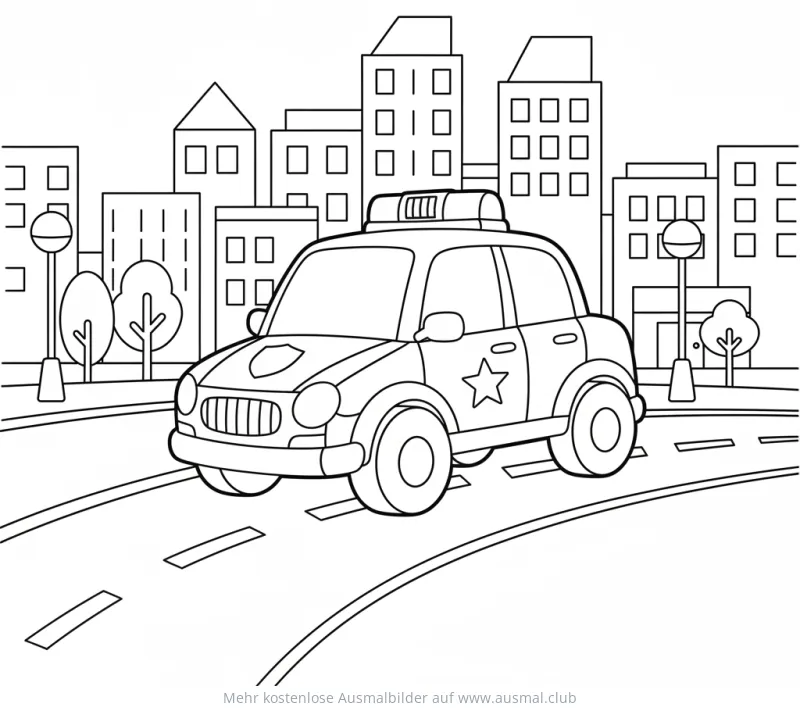 Polizeiauto Ausmalbild vor Stadtkulisse