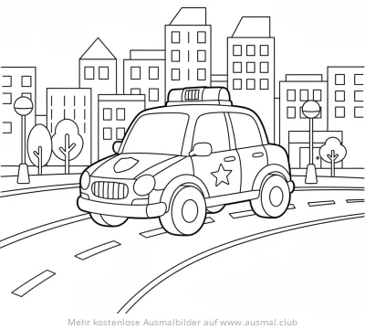 Polizeiauto Ausmalbild vor Stadtkulisse