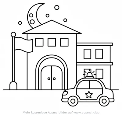 Polizeistation bei Nacht mit Polizeiauto Ausmalbild