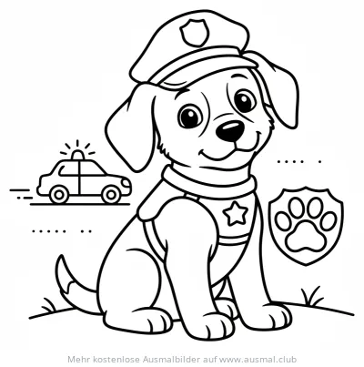 Polizeiwelpe mit Polizeiauto Ausmalbild