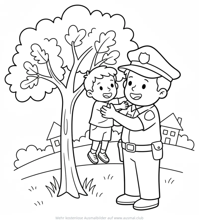 Polizist rettet Kind Ausmalbild vor einem Baum