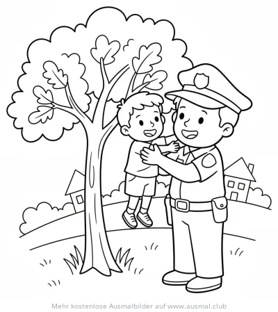 Polizist rettet Kind Ausmalbild vor einem Baum